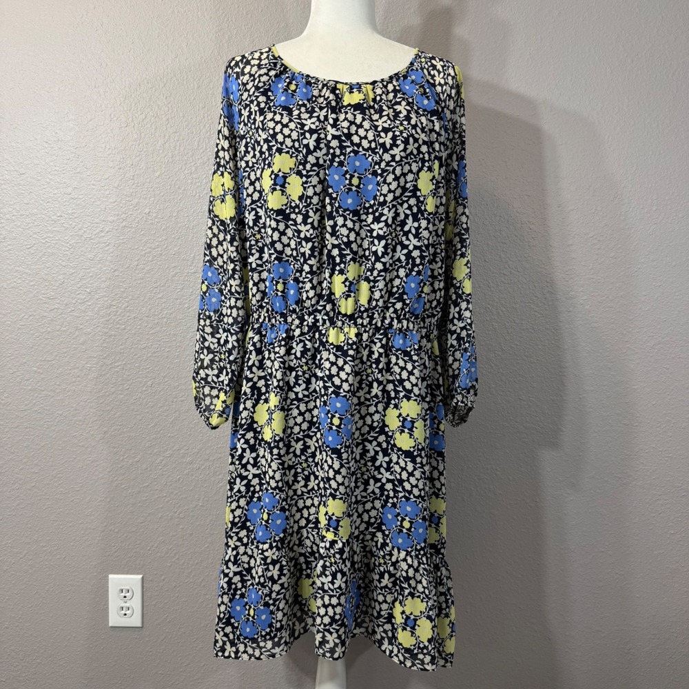 Loft‎ Women's Size XL Black Floral Long Balloon Sleeve Tiered Midi Dress 556610